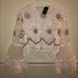 BRAND NEW white formal blouse gold flower floral